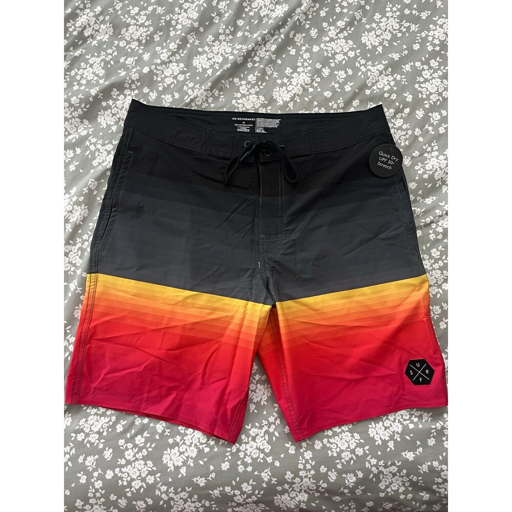 No Boundaries Men’s Board Shorts 32 Striped Black/Gray/Red/Orange
